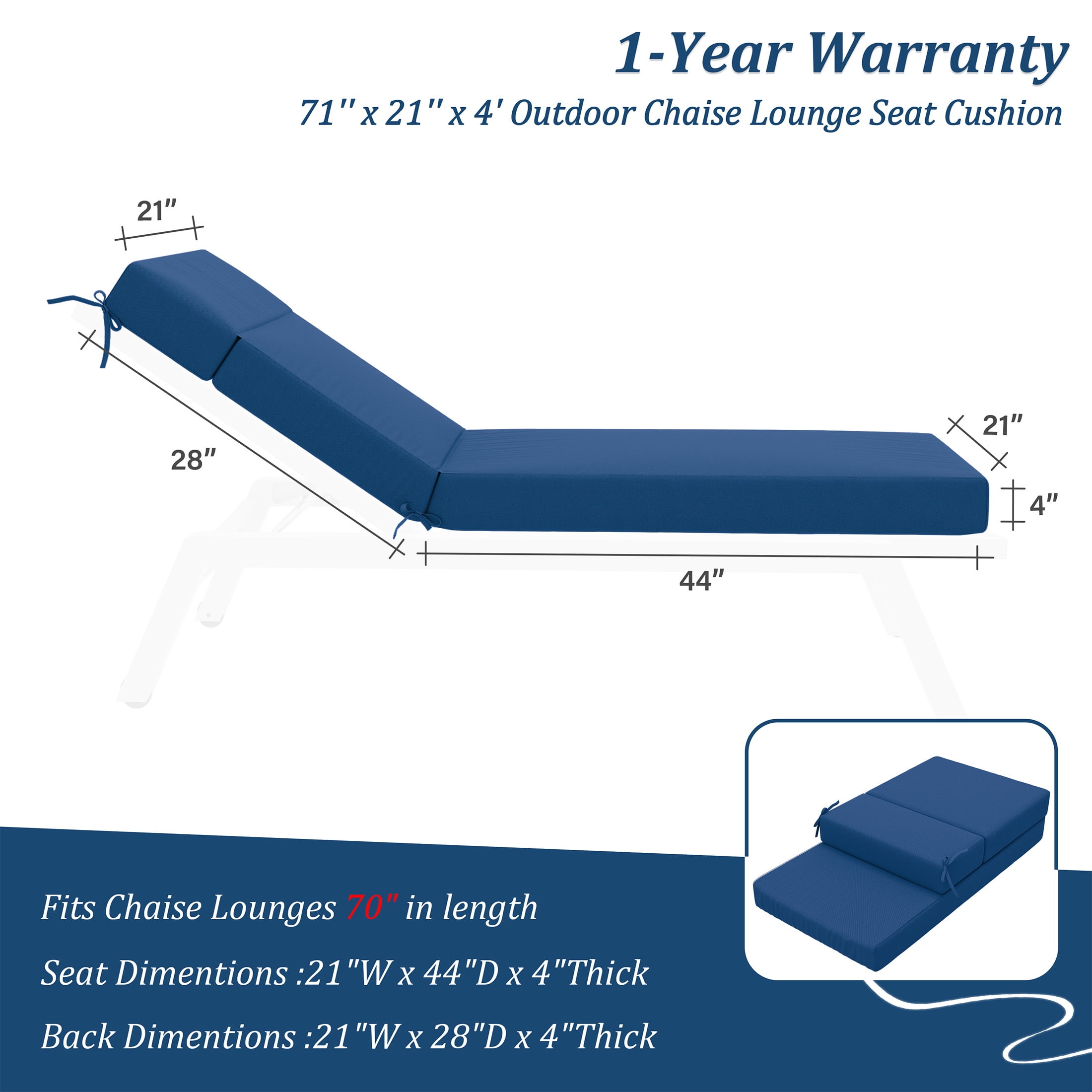 Pakunoda Chaise Lounge Cushions 72" x 21" x 4" Outdoor High-Density Foam Patio Furniture Lounger Replacement Cushions with Zipper Ties Water-Resistant for Pool, Blue
