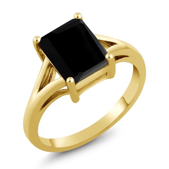 Gem Stone King 18K Yellow Gold Plated Silver Black Onyx Solitaire Engagement Ring for Women (2.10 Cttw, Emerald Cut 9X7MM, Gemstone December Birthstone, Available in Size 5,6,7,8,9)