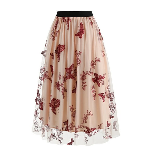 Summer Hot Saving! ITSUN Women's Retro Temperament Mesh Embroidery A-line Skirt Half Skirt Red L