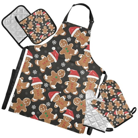 Ryvnso Gingerbread Man Christmas Kitchen Apron Oven Mitts Set Pot Holders