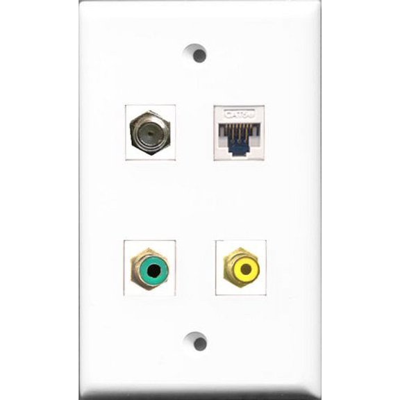 RiteAV 1 Port RCA Yellow and 1 Port RCA Green and 1 Port Coax Cable TV- F-Type and 1 Port Cat5e Ethernet White Wall Plate