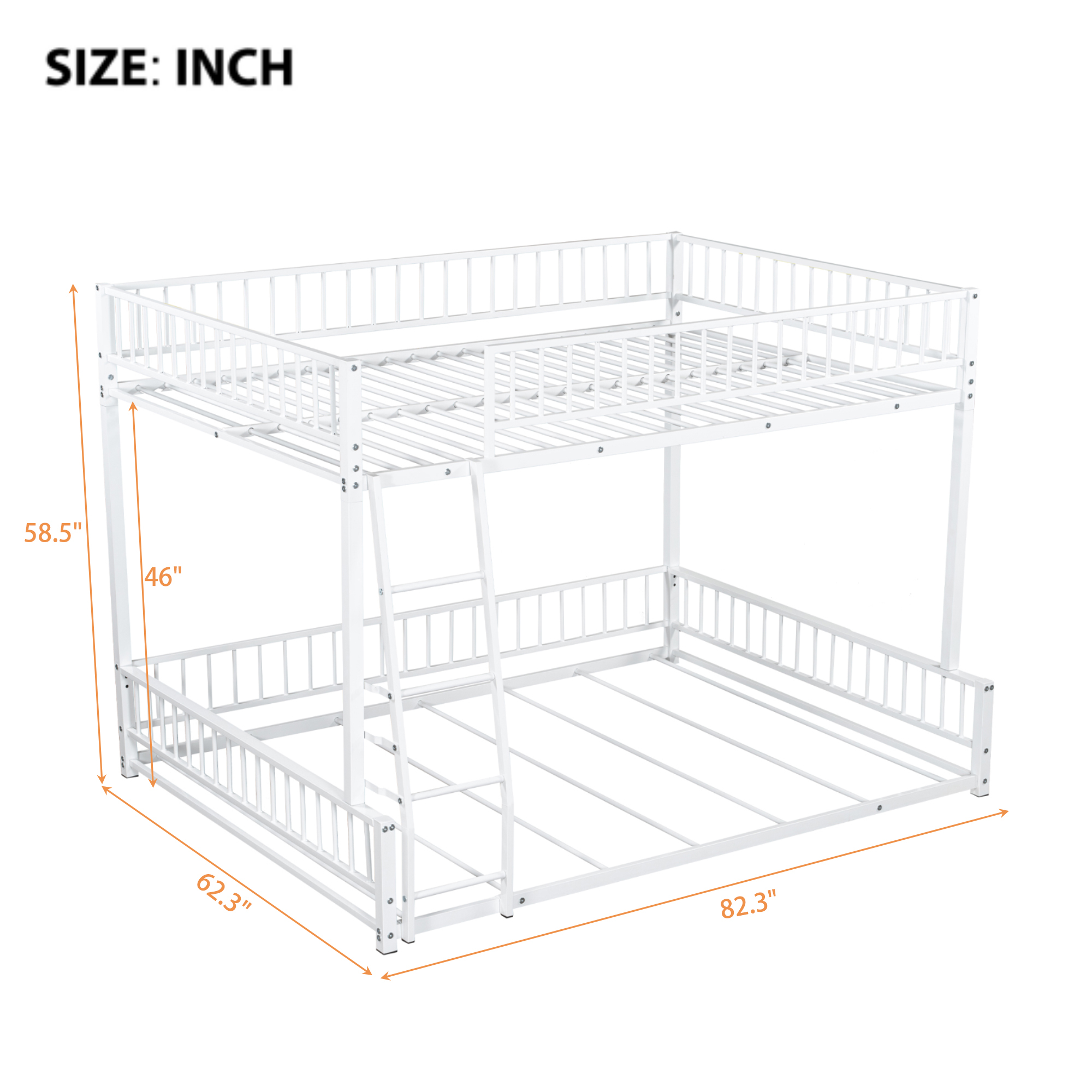 Full XL over Queen Bunk Bed, Heavy Duty Bunk Beds for Adults and Kids,Floor Bed Frame with Ladder and Safety Guardrails, Easy Assemble,White