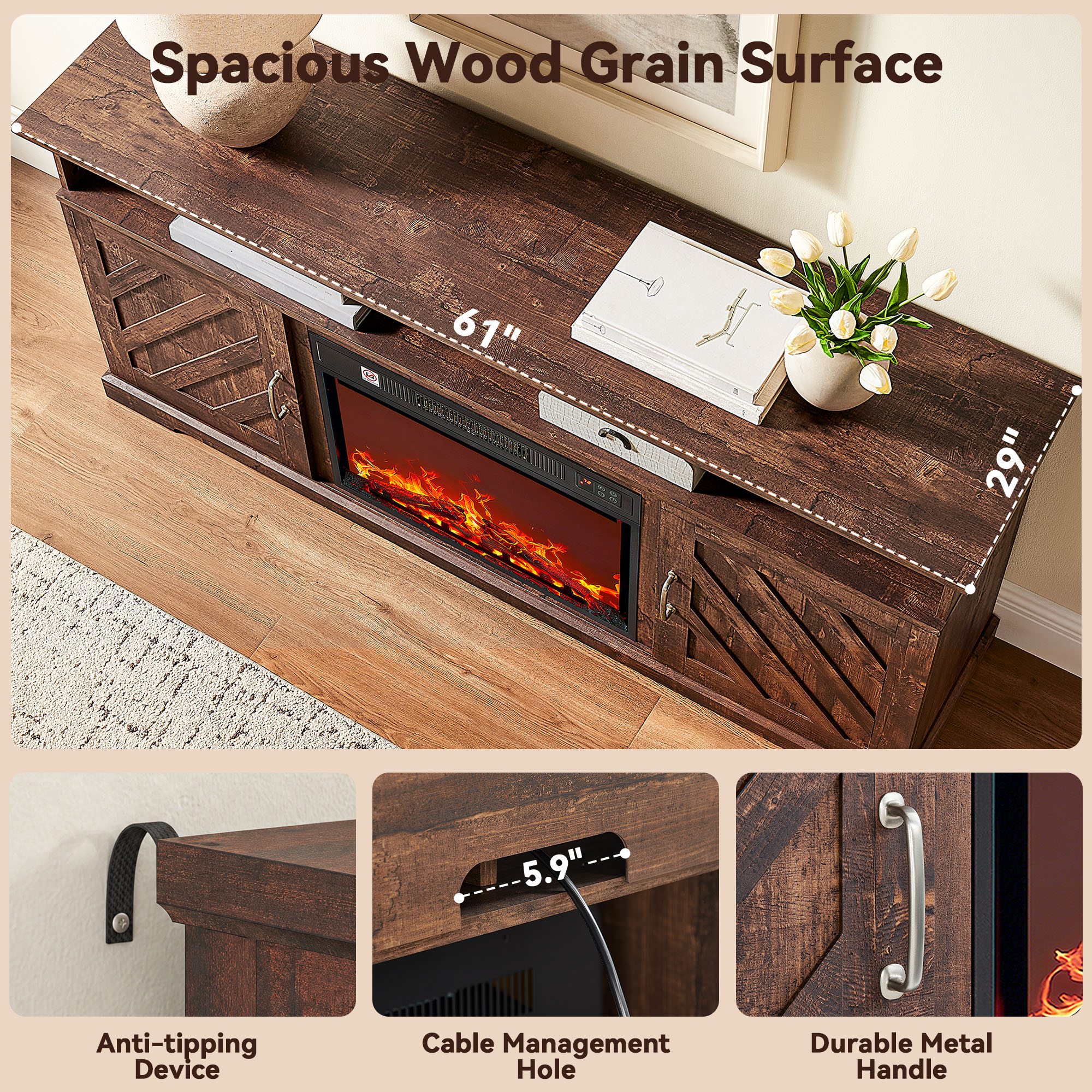 Chitooma 75" Farmhouse Electric Fireplace TV Stand, Brown photo 6