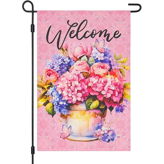 Double Sided 12x18 Pink Blue Hydrangea Flowerpot Welcome Garden Flag Spring Summer Floral Butterfly for Outdoor Patio Lawn Yard Decor