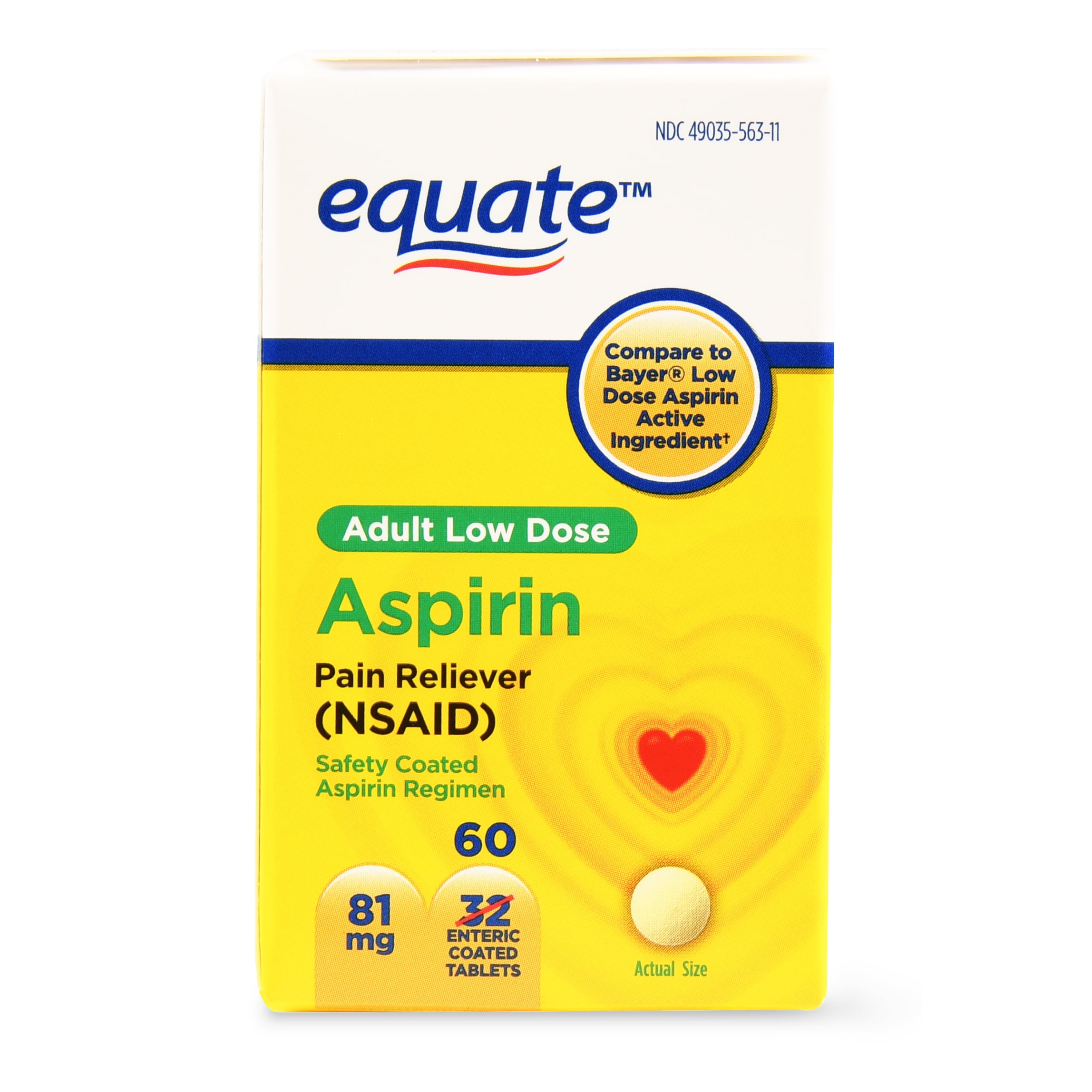 Equate Adult Low Dose Aspirin Enteric Coated Tablets, 81 mg, 60 Count