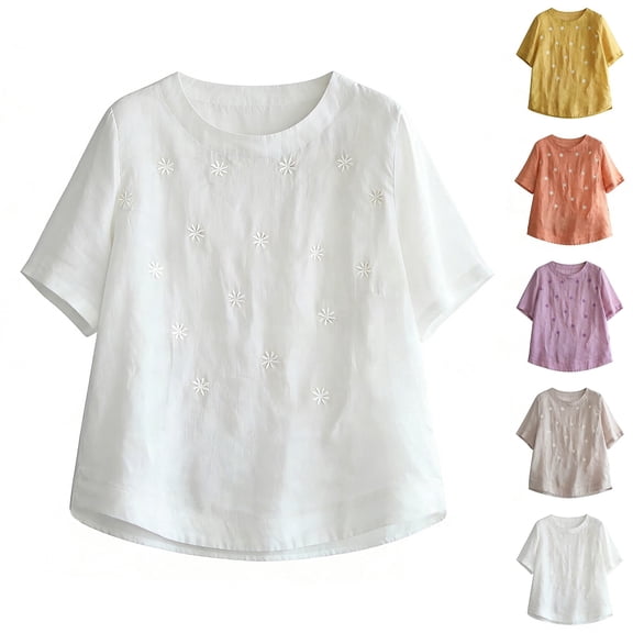 WHEANG Women's Pure Color Flower Embroidered Cotton And Linen Round Neck Short Sleeved T Shirt Cute Tops Dressy Casual Blouses Elegant Summer Top Size L Yellow