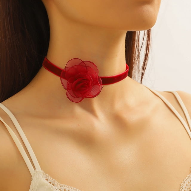 Collar de mujer de encaje negro vintage collar ligero y nicho vino rojo terciopelo camelia collar