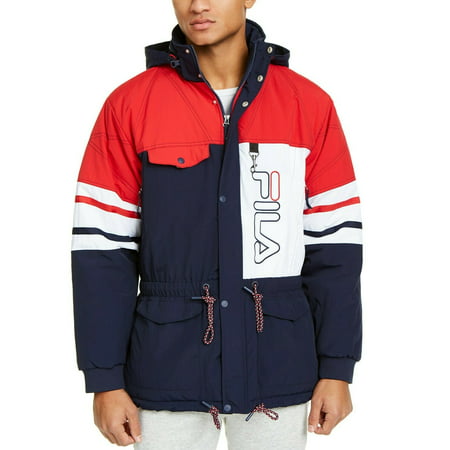 Fila Men's Golia Hooded Logo Parka Jacket Red/White/Navy-Size Small