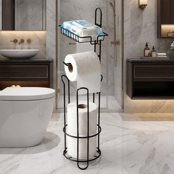 Behome Toilet Paper Holder Stand with Shelf, Freestanding Toilet Paper Holder with Dispenser for 4 Rolls, Heavy-Duty Steel Tissue Roll Storage Rack for Bathroom