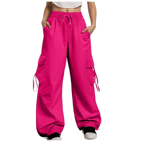 Quealent Women's Wide Leg Sweatpants Drawstring Waist Baggy Cargo Pants Casual Trousers with Pockets Hot Pink for Size 2XL