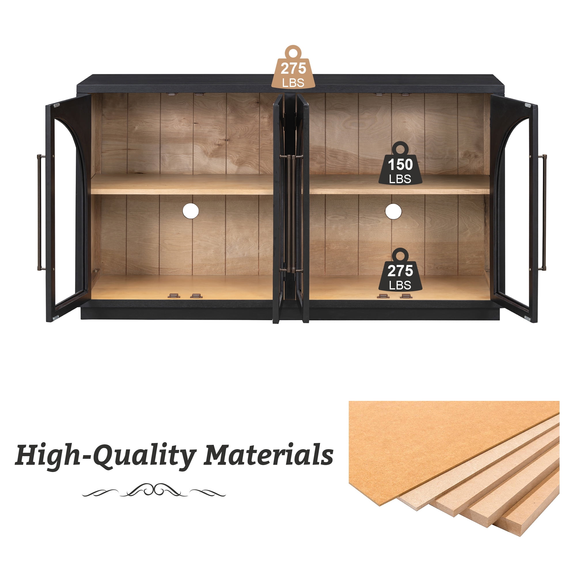 EUROCO 60" Large Sideboard Buffet Cabinet,Storage Cabinet with Glass Doors and Adjustable Shelves,Arched Kitchen Cabinet Display Cabinet for Kitchen, Living Room, Hallway,Black
