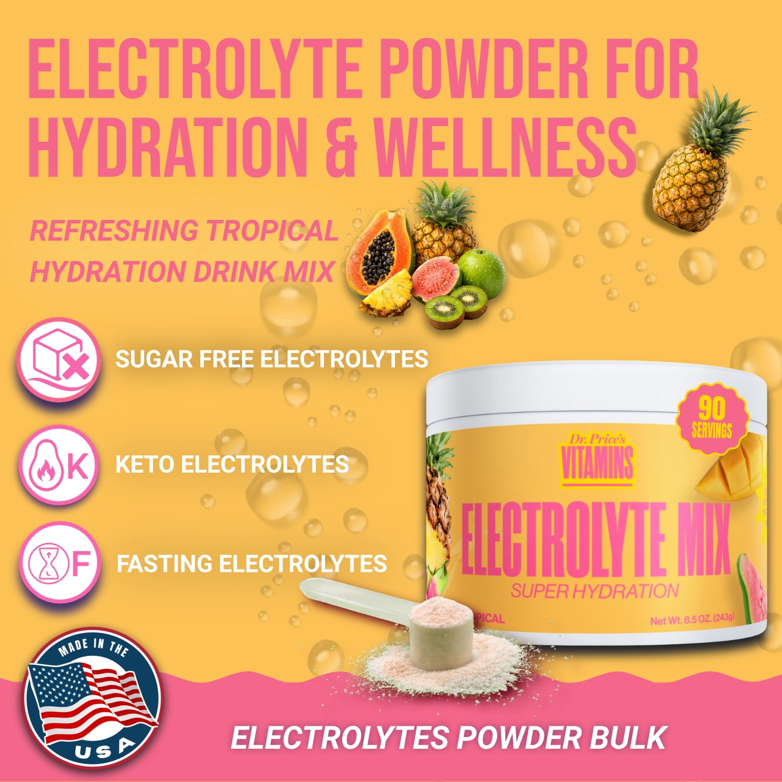 Dr. Price’s Electrolyte Mix – Sugar-Free Hydration Powder with 72+ Trace Minerals | Fast-Dissolving Electrolytes | Tropical Flavor, 90 Servings