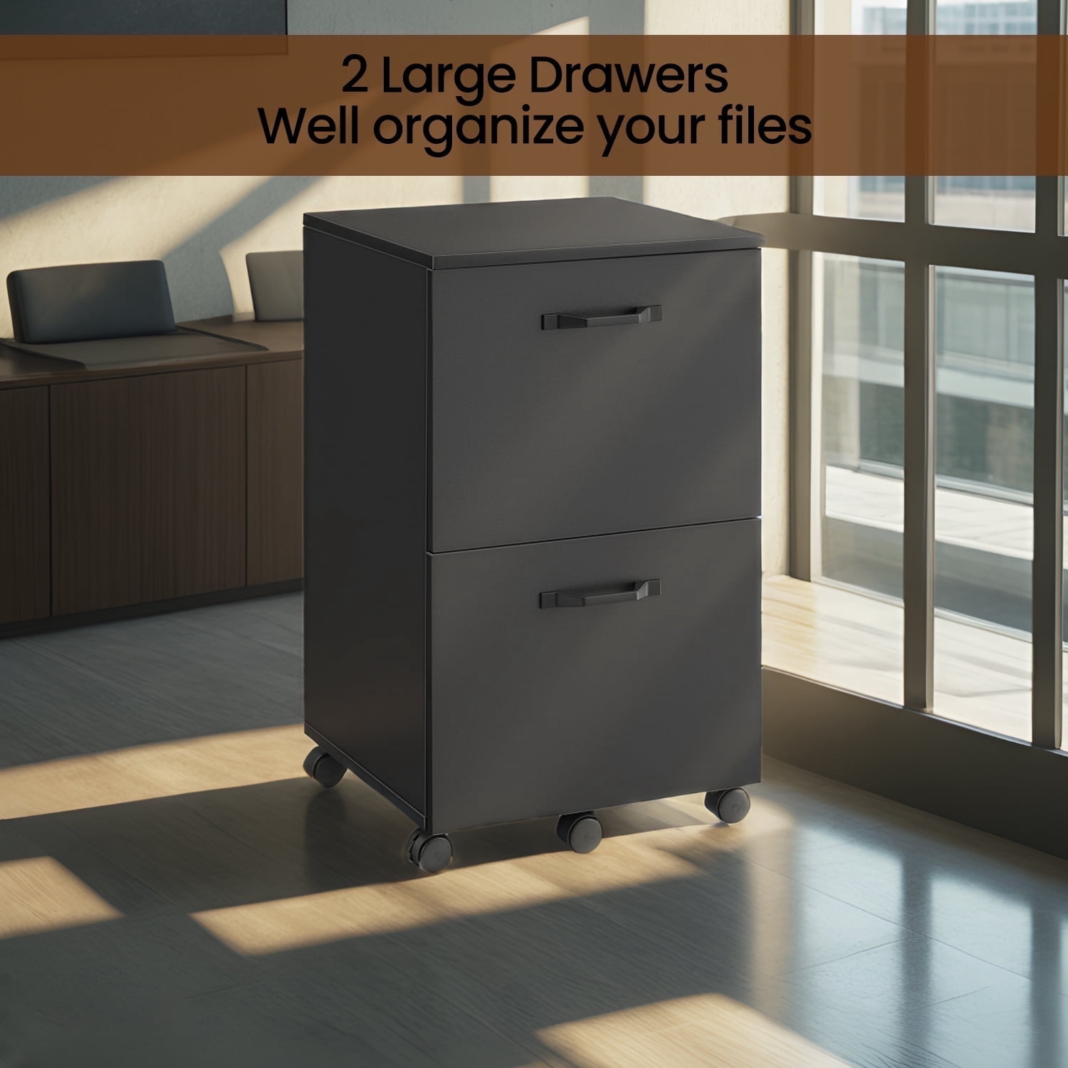 LEDREM 2-Drawer Rolling Storage Unit – Wood File Cabinet with Steel & Particleboard Construction, for Office, Holds A4/Letter Folders, 5 Swivel Casters with Brakes, Supports 77 lbs, Matte Black