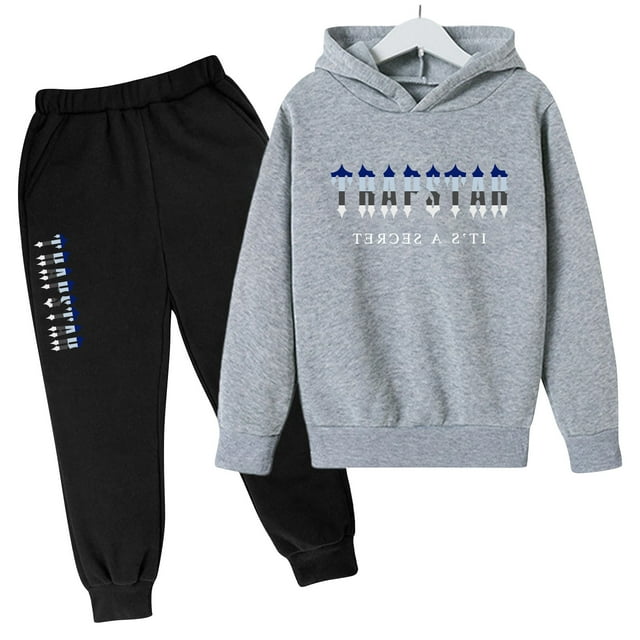 Trapstar Ensembles de Chandails à Capuchon pour Enfants, Chandails Graphiques à Manches Longues pour Garçons et Filles, Coupe Ample, Chandails Trapstar Style Rue à Enfiler + Pantalons de Survêtement, Ensemble pour Enfants de 2 Pcs, Ensembles de Chandails Classiques (Gris, 100)