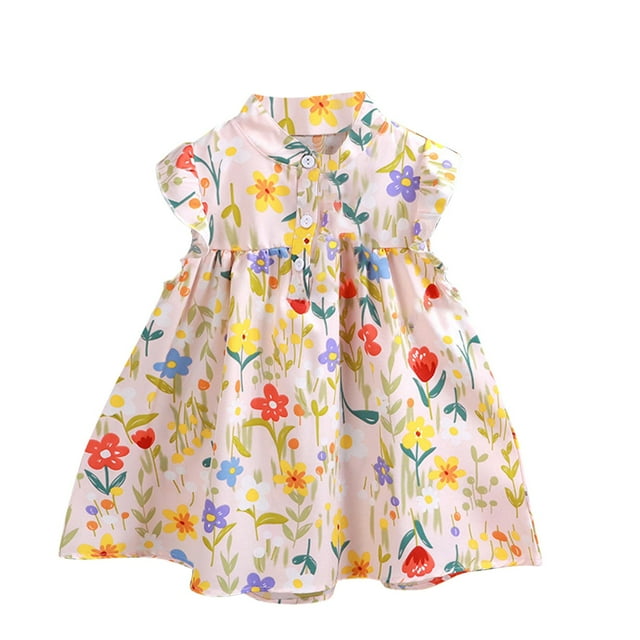Yanlir Robes de Princesse pour Filles Robe d'Été Décontractée 1-8 Ans Sans Manches à Col Rond Robe Imprimée avec Bouton Mode pour un Style et un Confort (Jaune, 3 Ans)