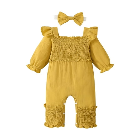 

TAIAOJING Baby Girls Romper Clothes Girls Long Sleeve Solid Ruffles Jumpsuit Headbands Set Outfit 6-9 Months