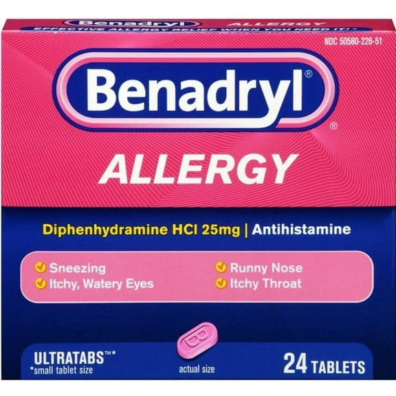Benadryl Ultratabs Antihistamine Allergy Relief Tablets, Diphenhydramine HCl 25mg, 24 Ea