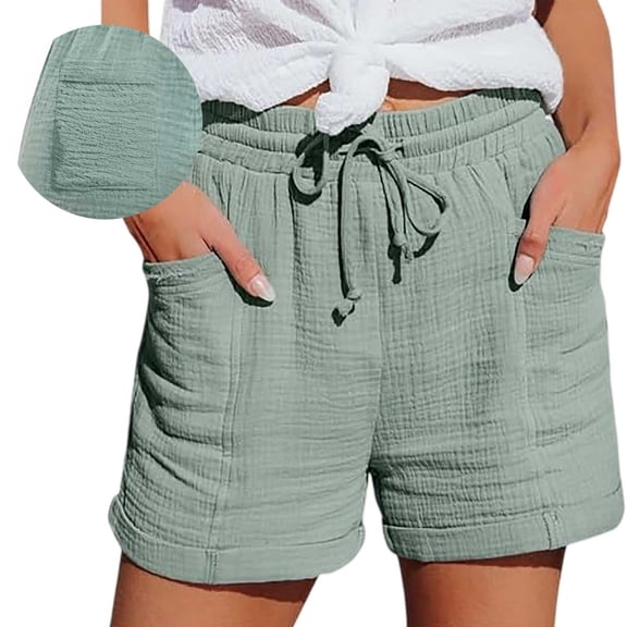 XIAONU Women's Sage Crinkled Gauze Shorts Relaxed Fit Above Knee Drawstring Waist Lightweight Beach Bottoms