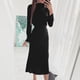 thumbnail image 4 of Vestido largo con cinturón de manga larga de color sólido con cuello alto informal a la moda para mujer Fridja  nalpqowj4850, 4 of 9
