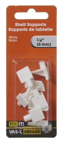 1/4" White Shelf Rest Clear 8 Pieces, Shelf Rests are designed to fit into holes drilled in cabinets, wall or pegboard. Perfect for supporting glass or wooden shelves.