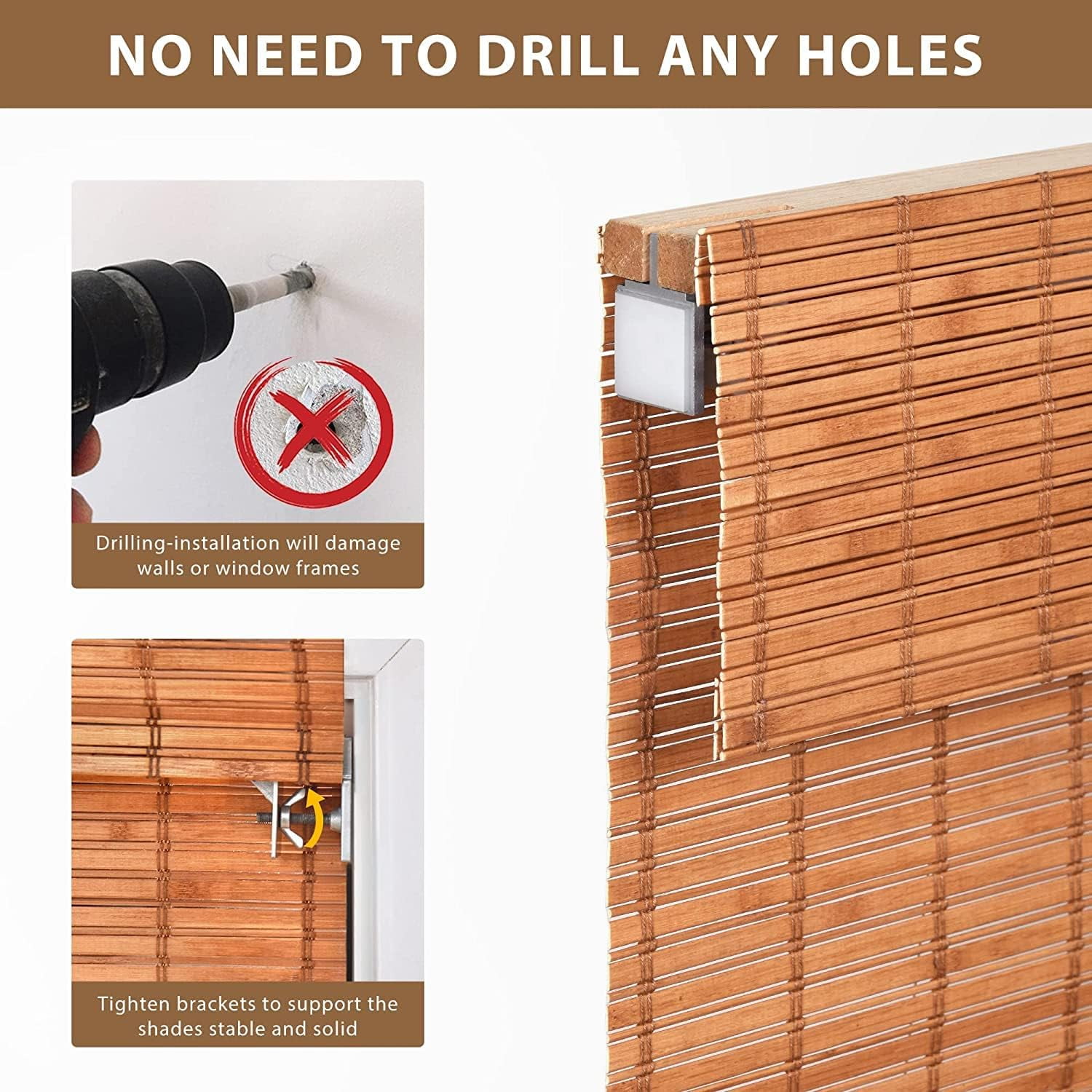 LazBlinds No Tools No Drill Cordless Bamboo Roman Shades, Light Filtering Window Treatment, Roll Up Bamboo Blinds for Window 38'' W x 64'' H, Wood