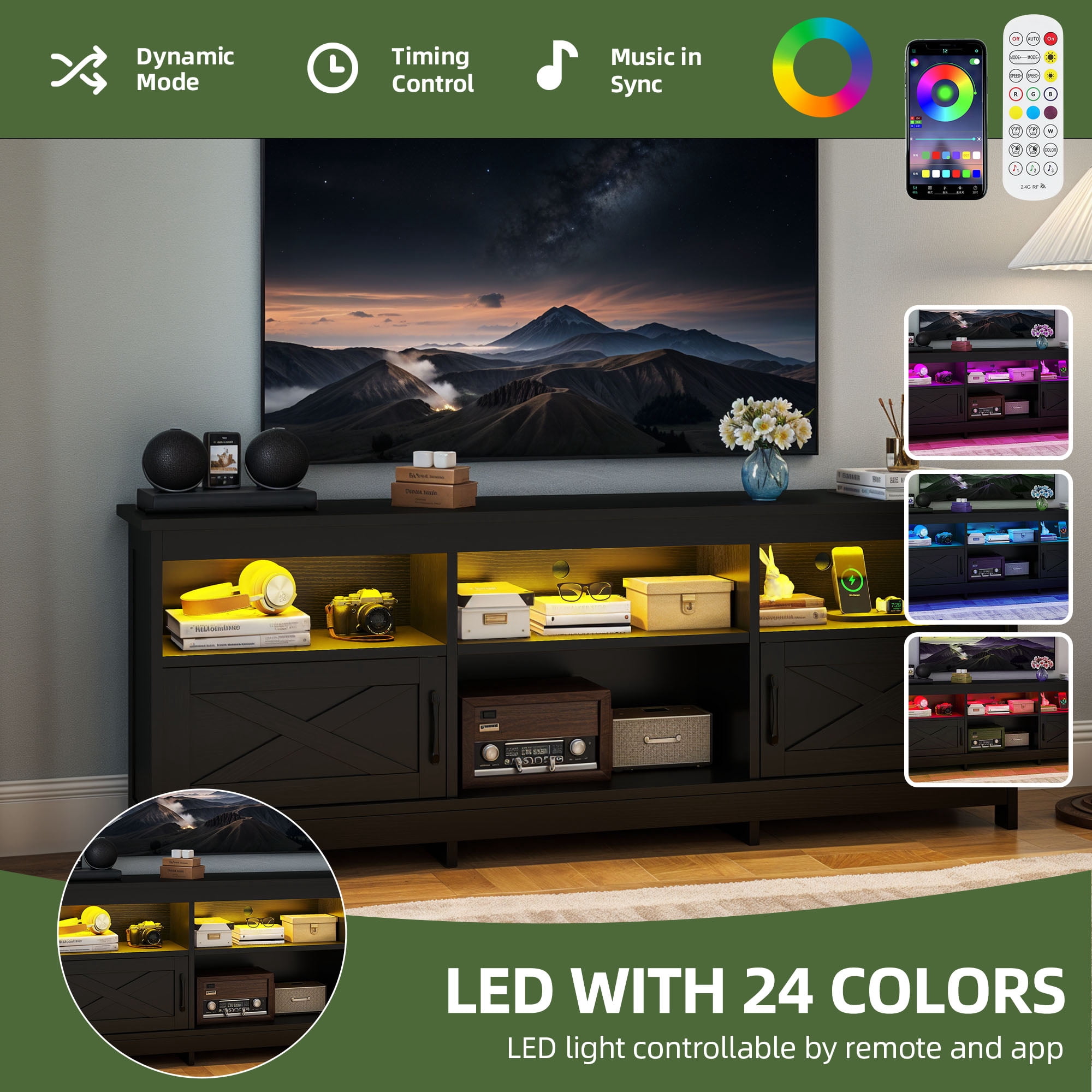 Uforic TV Cabinet with Storage, LED Lights, and Power Outlet for Living Room, Bedroom, or Apartment for 65 Inch TVs, Black