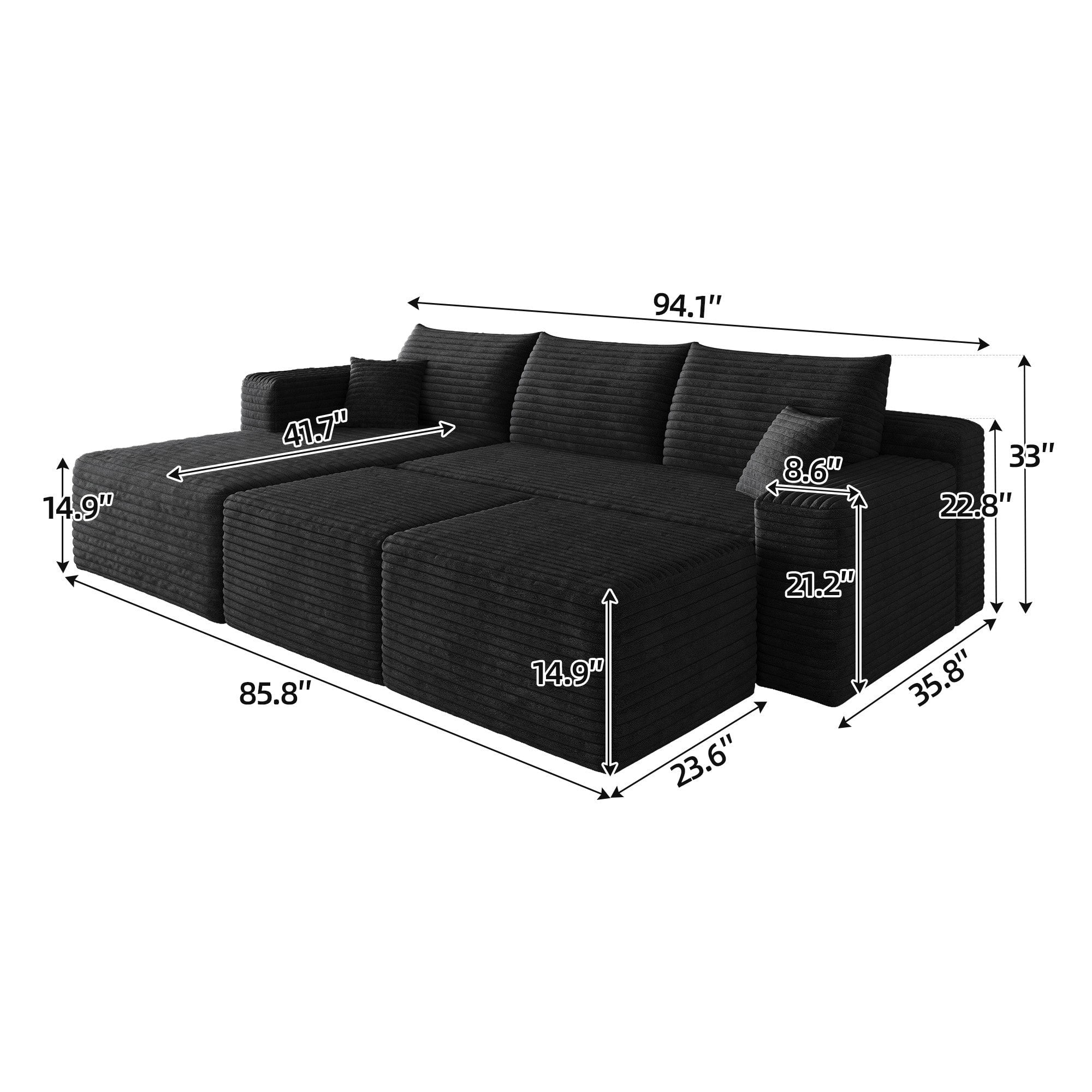 Sailvan 95" Cloud Sectional Sofa with 2 Ottomans,No Assembly Required U-Shaped Modular Couch,Deep Seat Sofa for Living Room Black