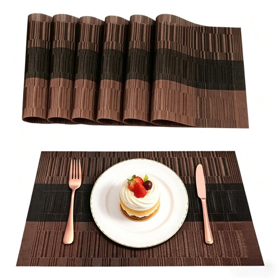 6 Pack Washable PVC Table Placemats, Heat-Resistant Anti-Skid Woven Mats for Kitchen Dining Party Holiday Decoration Brown