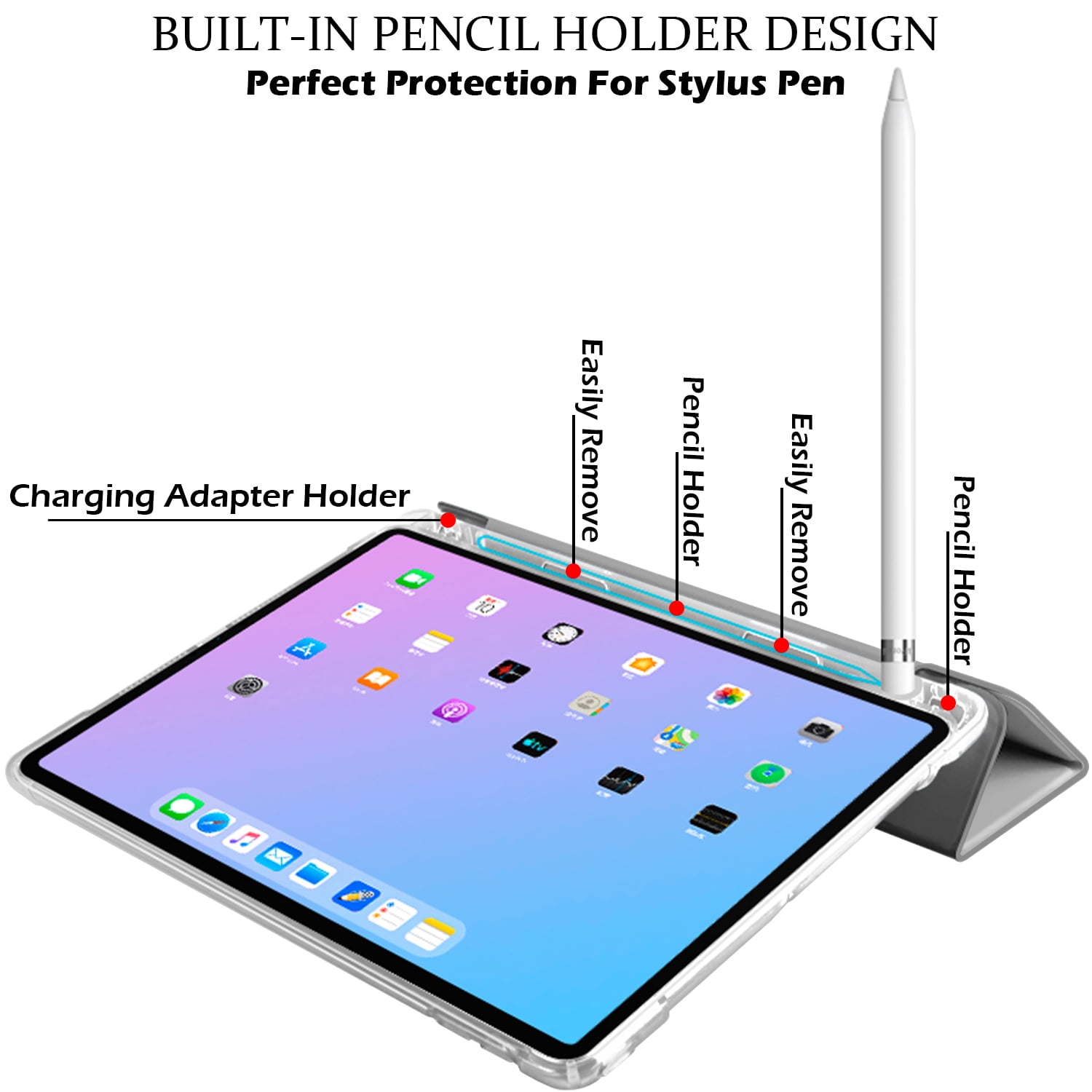 iPad 9th 2021 8th 2020 7th 2019 Gen [iPad 9 iPad 8 iPad 7 ] 10.2 Inch A2602 A2270 A2197 MK663LL/A MK673LL/A MYN62LL/A MW6Y2LL/A Clear Back TPU Silicone Back Printed Case Pencil Holder - Gray