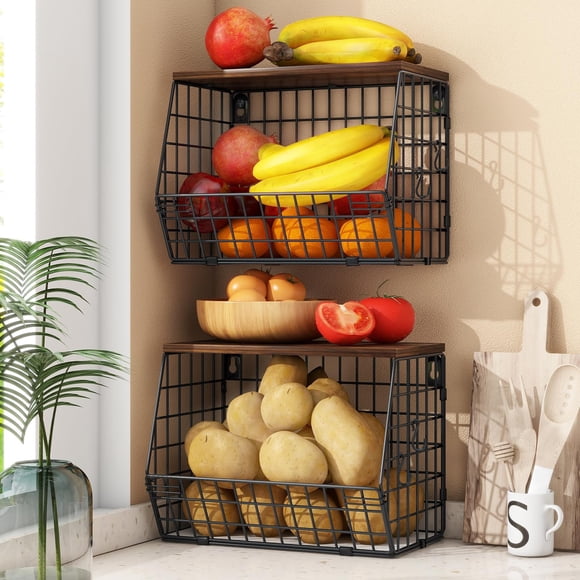 Mefirt 2pcs Fruit Basket Kitchen Storage Basket with Wood Lid, Stackable Wall Basket Fruit Basket for Kitchen, Countertop Organizer for Snack, Fruit and V