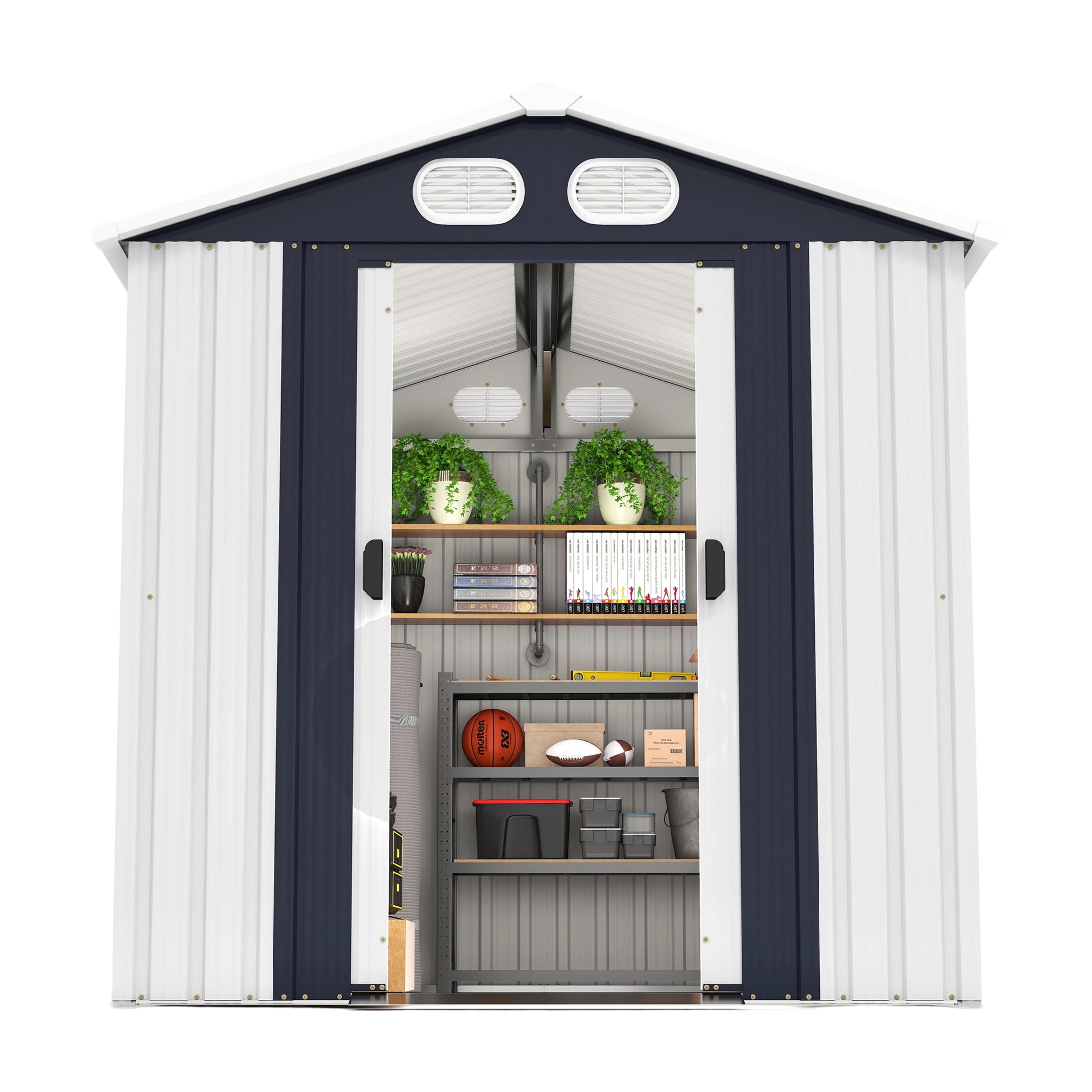 Noble House 8 x 6 FT Outdoor Metal Tool Storage Shed with Lockable Doors and Air Vents, Waterproof Garden Shed, White
