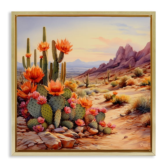 Stupell Industries Traditional Cactus Flower Landscape Gold Floating Frame Canvas Art, 25 x 25, by RB