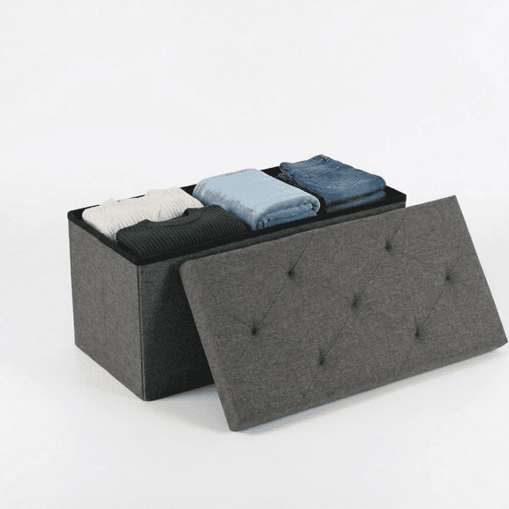 Folding Storage Ottoman Bench 30 Inch, Heavy Duty 660lbs Storage Ottoman with Lid, Collapsible Linen Fabric Ottoman Foot Rest Stool, End of Bed Bench for Bedroom, Living Room, Entryway, Dark Gray