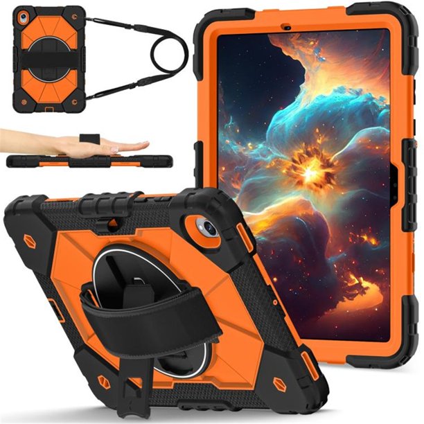 Funda Resistente a Golpes para Samsung Galaxy Tab S11, Funda Protectora de Silicona + Capa de PC Anti Caída con Asa Giratoria de 360°, Soporte, Correa para el Hombro, Naranja, para Galaxy Tab S11