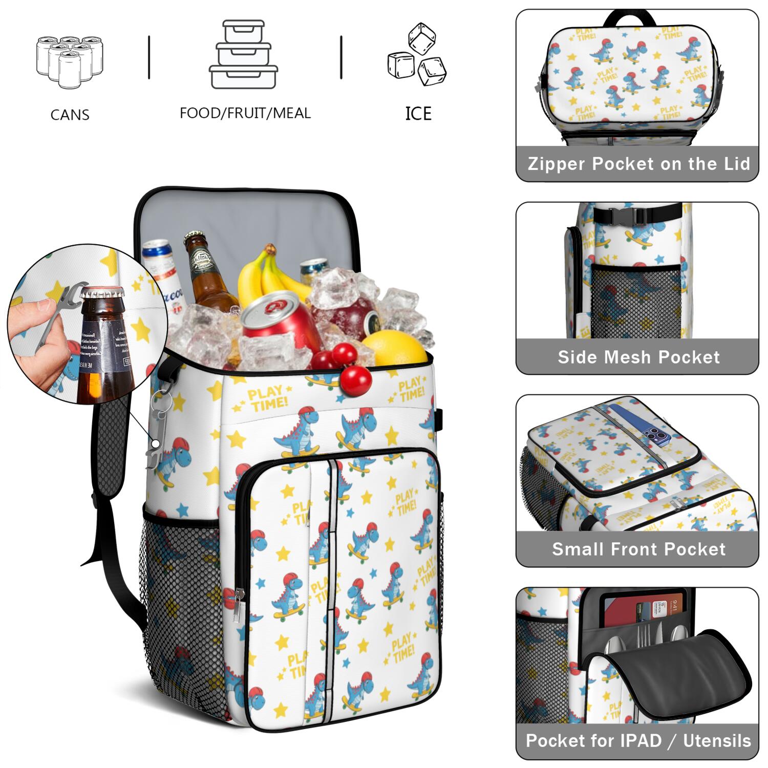 Travel Cooler Bag - White Cartoon Dinosaurs Skateboards Pattern Camping Beer Cooler Backpack with Bottle Opener- Waterproof Insulated Picnic Backpacks - Cooler Bag for Beach