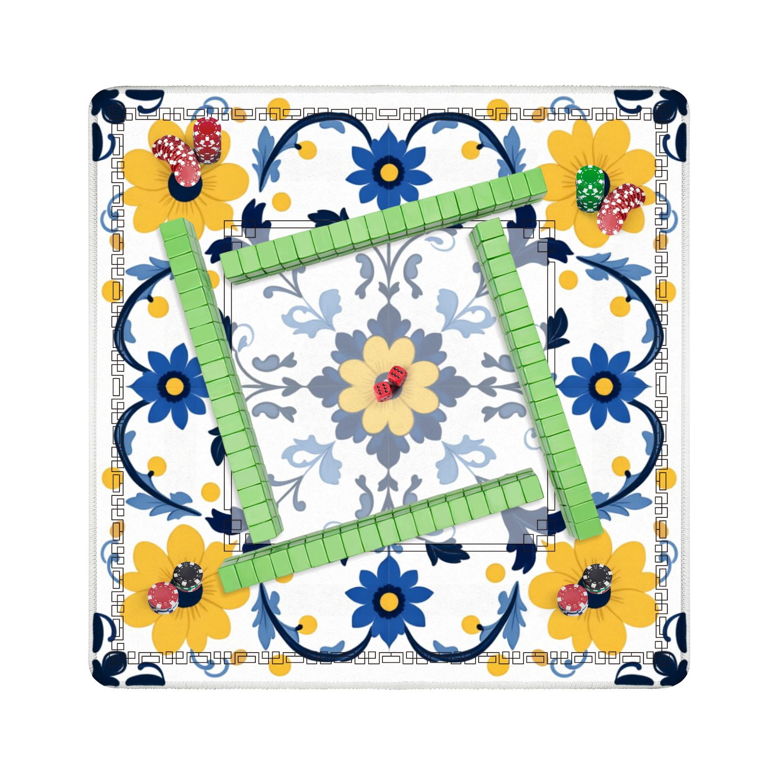 Mahjong Mat 31.5" x 31.5" Floral Symmetrical Yellow Blue Flowers White Non-Slip Noise Reduction American Mahjong Tiles Table Cover for Dominoes Poker Card Board Games Gift