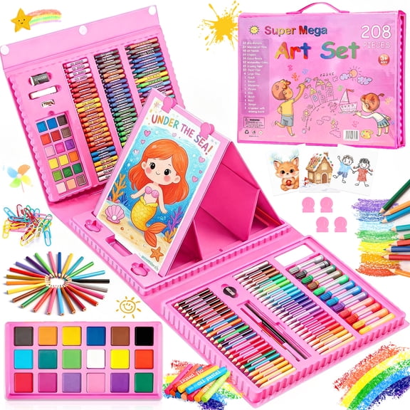 LINXUXIE 208-Piece Art Supplies for Kids Ages 1-12,Drawing Set, Double Sided Trifold Easel,Crayon,Gift for Girls Boys