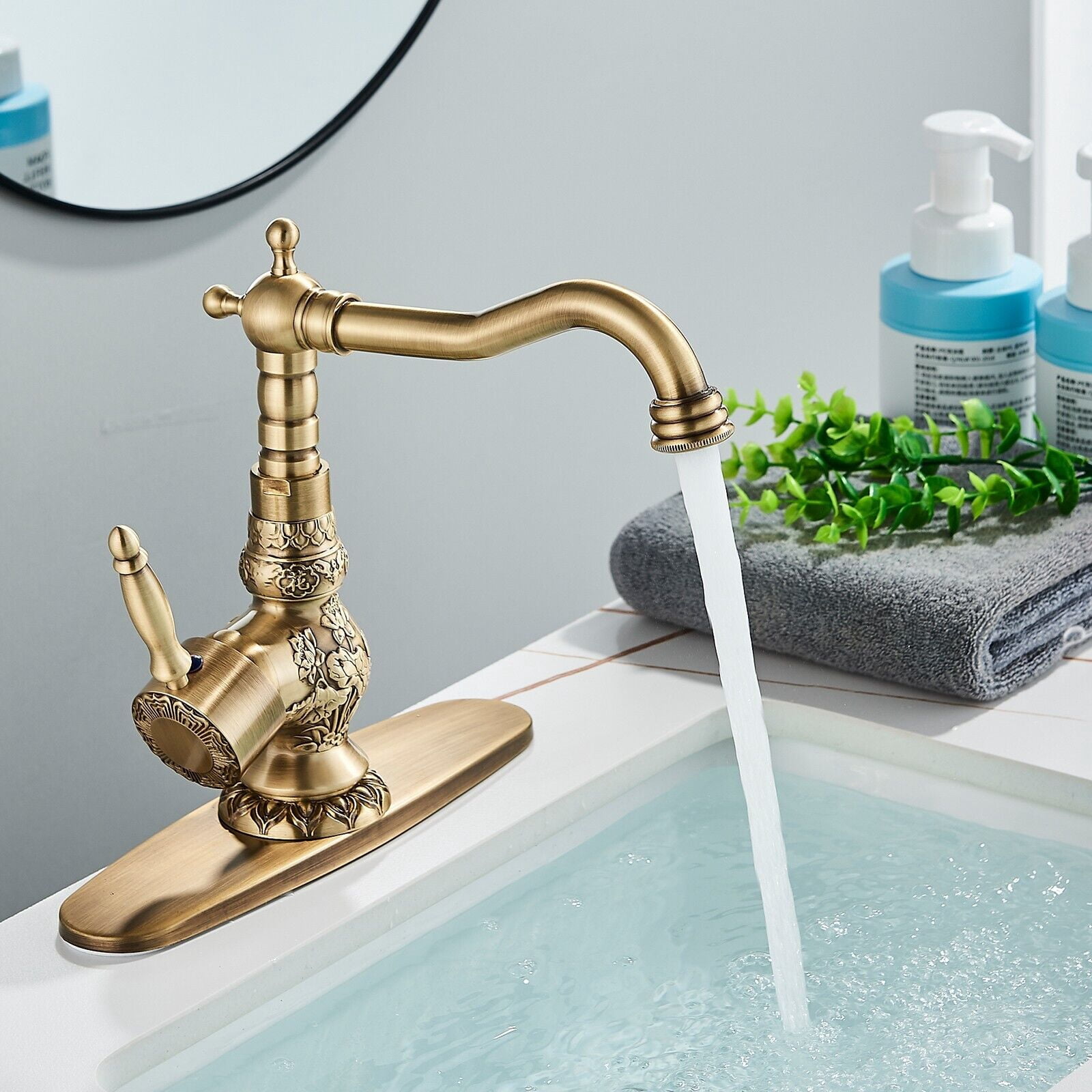 Antique Brass Bathroom Sink Faucet Lavatory Vanity Basin Mixer Faucet with Drain
