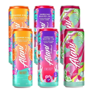 Alani Nu Energy Drinks Variety Pack Hawaiian Shaved ICe, Cherry Twist, Orange Kiss,  Zero Suger, Low - Calorie, Energy Boost Drinks 12 oz (6 Pack)