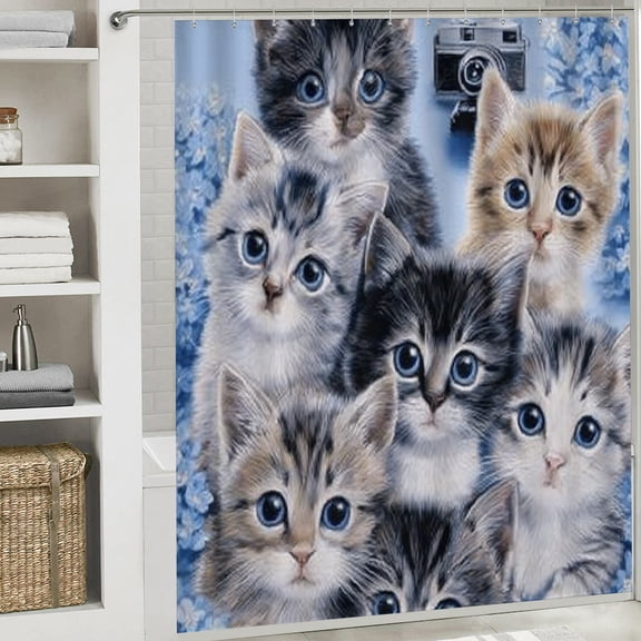 Christmas Shower Curtain, Cute Cat Floral Shower Curtain with Hooks for Christmas Home Bathroom Decor Washable Curtains, 72x72 in