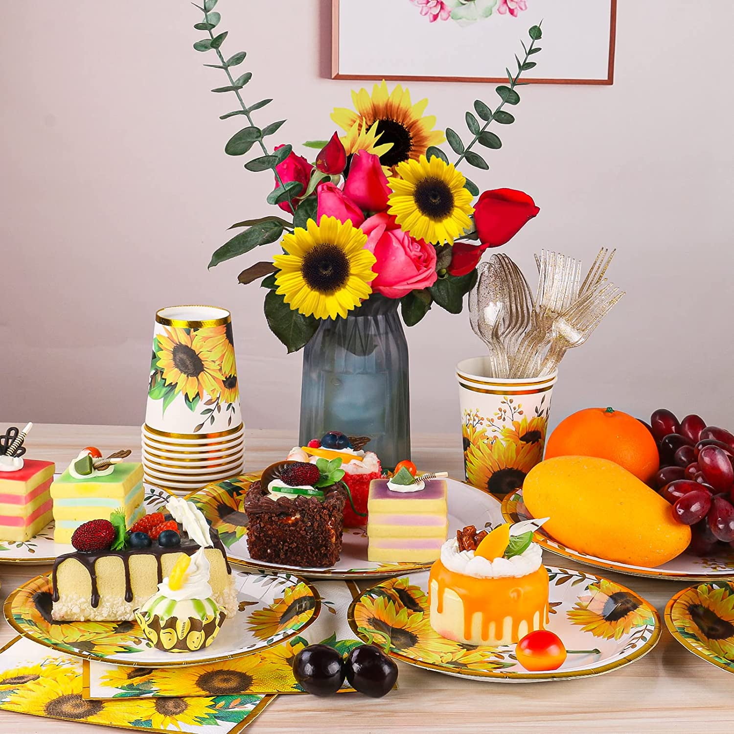 Sunflower Party Supplies Sunflower Plates and Napkins Set Sunflower Paper Plates Party Cups Napkins and Cutlery for Sunflower Birthday Baby