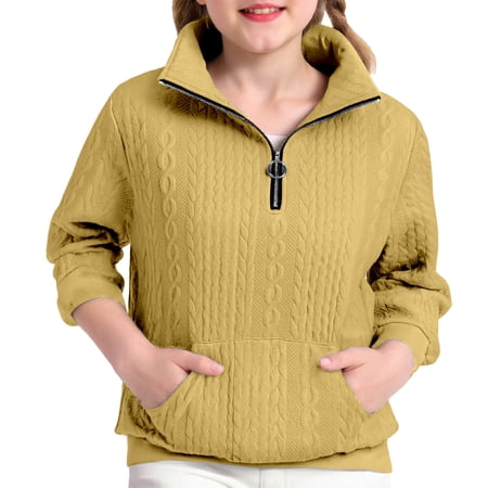 Bmisegm Girls Sweatshirt Floral Pullover Hooded Casual Zip Up Jacket Casual Tops for Youth 5-14 Years Yellow 9-10 Years