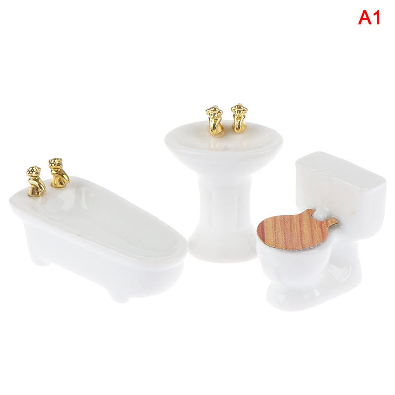 3PCS 1/24 Dollhouse Miniature Bathroom Set Porcelain Bathtub Toilet Sink Grass 