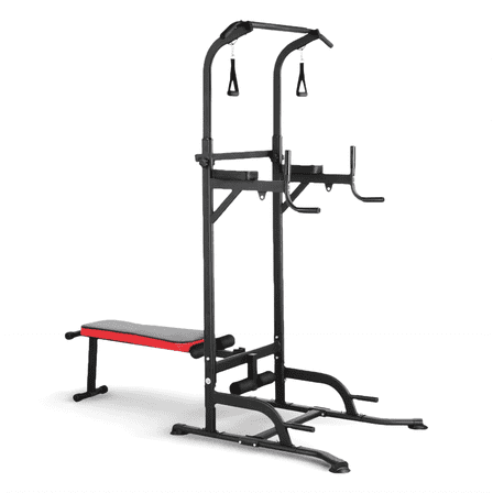 TLSUNNY Power Tower with Bench, Pull Up Bar Stand, w/ Dual Resistance Bands, Adjustable Pull Up Dip Station for Home Gym Workouts, 400lbs