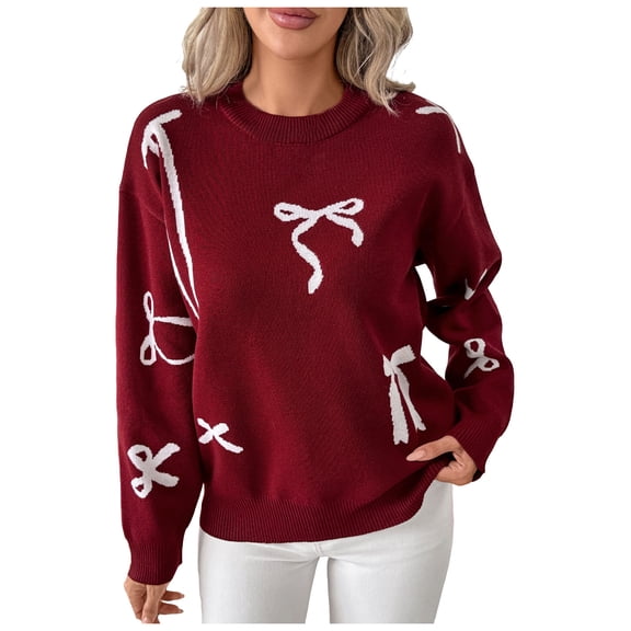 vigerkar Fall Long Sleeve Pullover Sweaters for Women 2025 Trendy Crewneck Casual Cute Bow Chunky Knit Sweater (Wine, M)