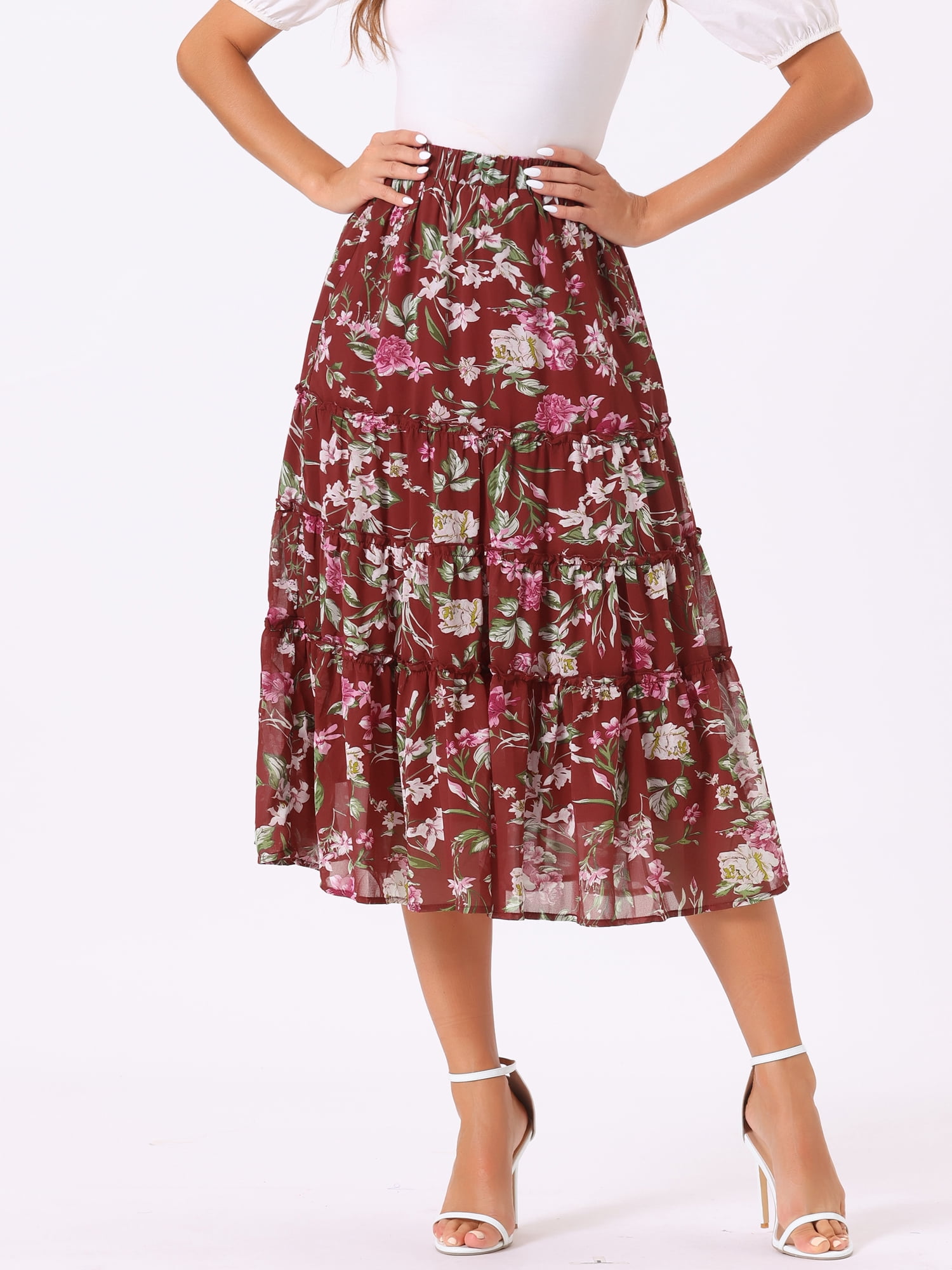 DARING DIVA Women's Chiffon Tiered A-Line Maxi Skirt M Burgundy