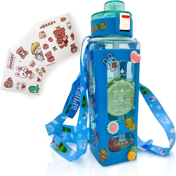 ACDANC Cute Water Bottles with Straw, Portable Leakproof BPA-Free Drinking Bottle with Adjustable Shoulder Strap and Sticker - for Boys Outdoor Travel (Blue-24oz- Marker)