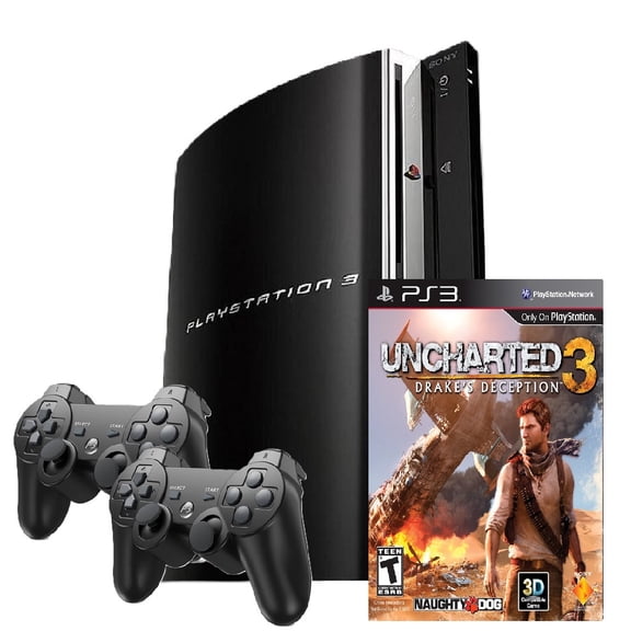 Restored Sony Playstation 3 PS3 Console Original 80GB Black with Uncharted 3: Drake's Deception and Two Retrofam Controllers (Refurbished)