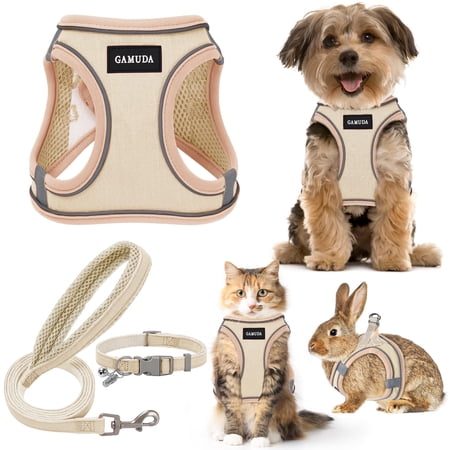 GAMUDA Small Pet Harness Collar and Leash Set, Step in No Chock No Pull Linen Fabric Soft Mesh Dog Vest Harnesses Reflective for Dogs Puppy Cats Kitten Rabbit (Khaki, S) C23