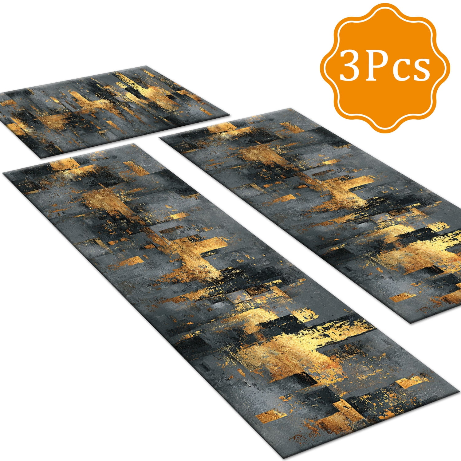 3-Piece Farmhouse Kitchen Rug Set, Washable Anti Slip Striped Floor Mats in 3 Sizes, Stain Resistant Decor Rugs for Kitchen Hallway Bathroom Home Christmas Decor